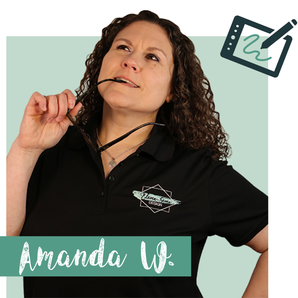 An image of a looking up and biting the arm of her glasses with a pastel green background, a graphic design icon in the top right corner and a green name tag in the bottom left corner that says "Amanda W."