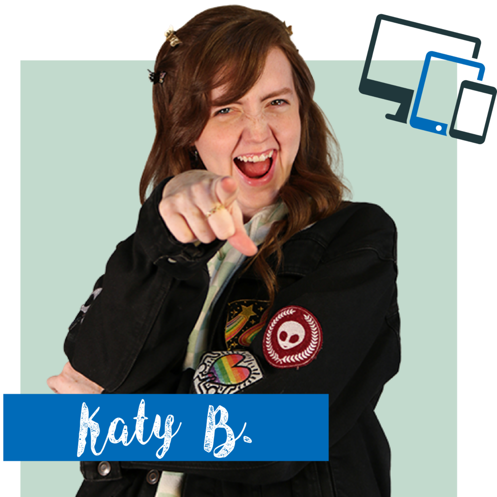 An image of a woman pointing and smiling at the camera with a pastel green background, a website design icon in the top right corner and a blue name tag in the bottom left corner that says "Katy B."