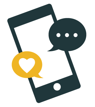 The outline of a phone with two speech bubbles one of which is yellow with a heart