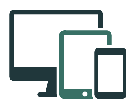 The outline of a desktop computer, a tablet, and a phone in different shades of green