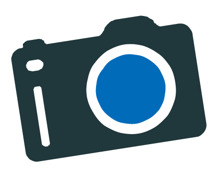 The outline of a camera with a blue lens