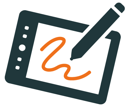 An outline of a graphics tablet with a pen drawing an orange squiggle on it