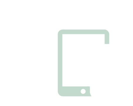 The outline of a desktop computer, a tablet, and a phone in white and pastel green